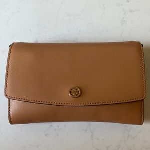 Tory Burch tan leather bag with braided gold and leather removable strap.